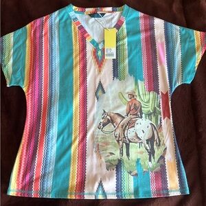 Colorful Striped Womens Shirt with Cowboy Print